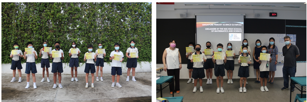 Students in school uniforms and masks hold certificates outdoors and inside a classroom with a Singapore Primary Science Olympiad slide.